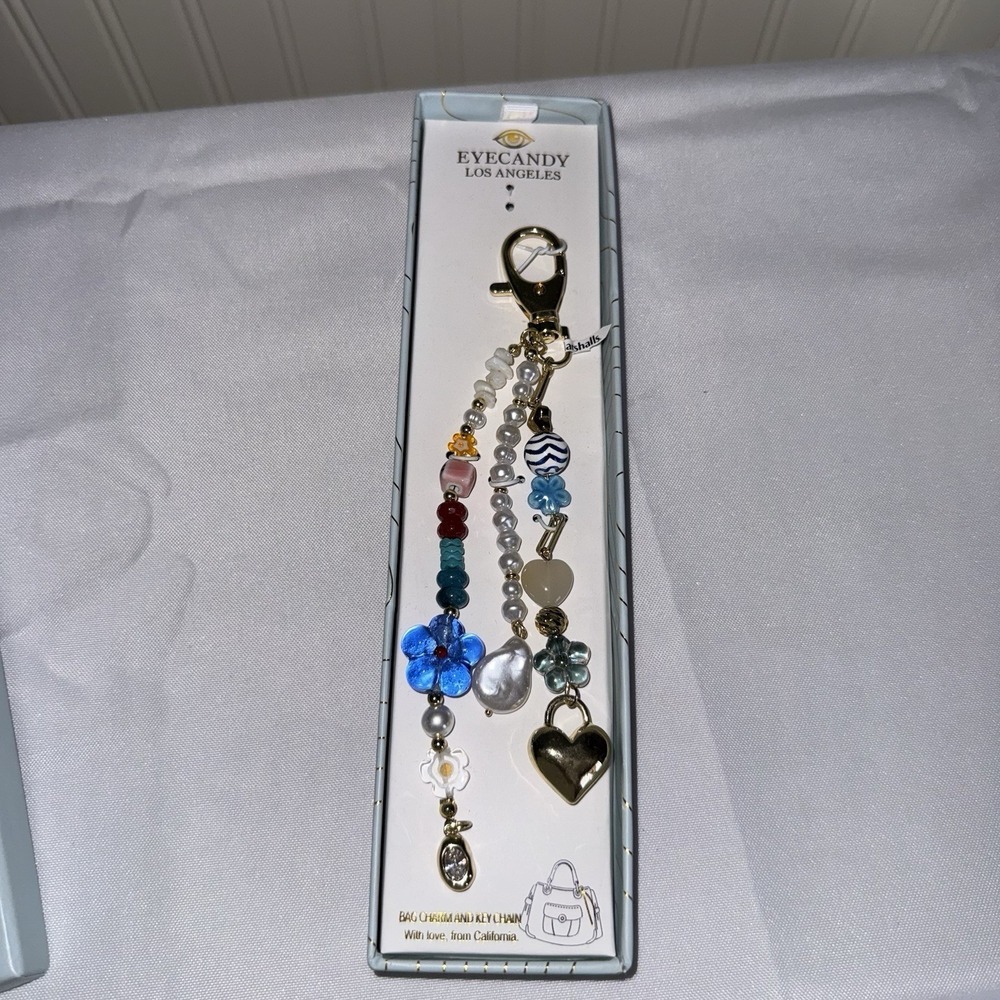 Eyecandy Beaded Keychain Handbag Bag Charm Flower Pearl Heart New In Box
